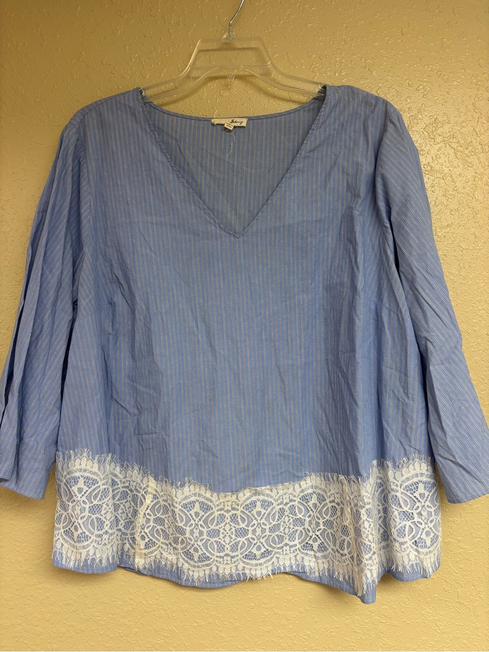 Jane and Delancey Light Blue Striped V-Neck Blouse with White Lace Hem